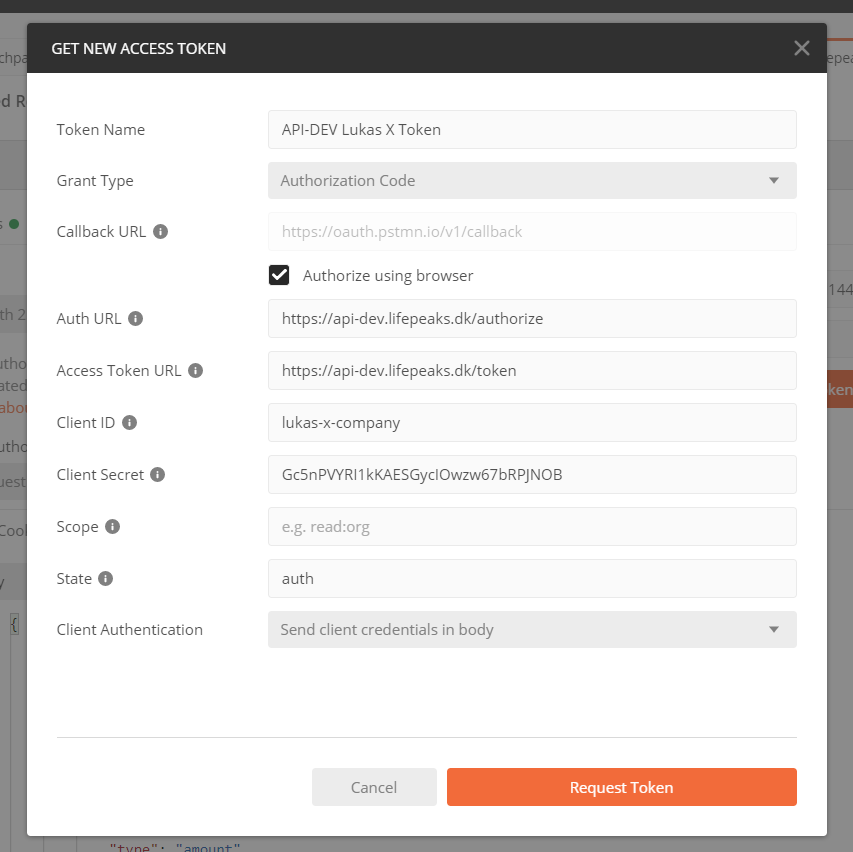 Authorization request configured in Postman