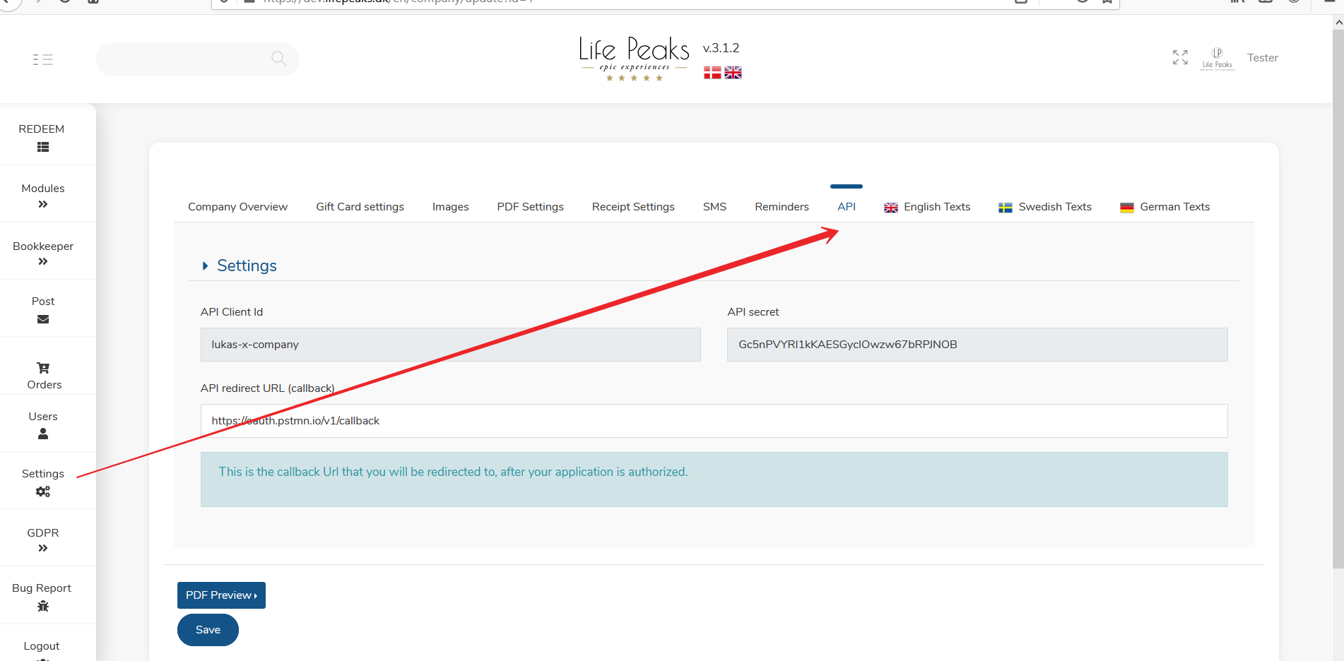 Company API settings in the admin