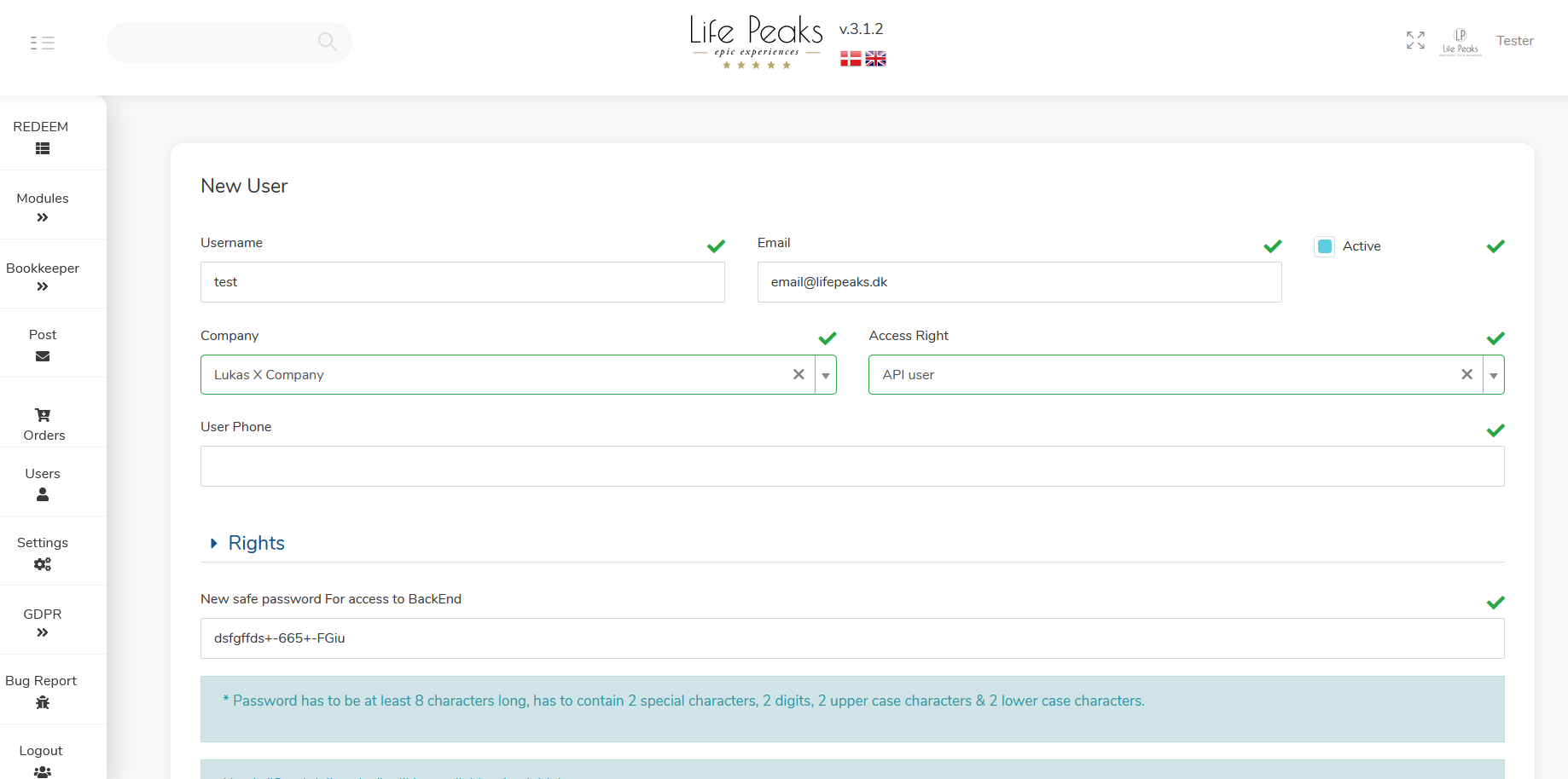 Creating an API user in the admin